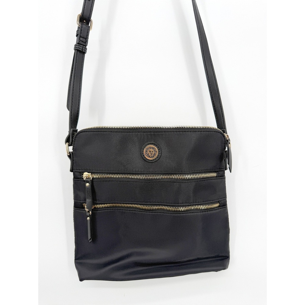 Anne Klein Crossbody Bag Nylon Multi Zip Travel Purse Black Edgy Neutral Chic